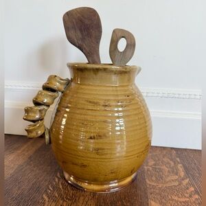 Vintage Studio Pottery Jug Spiral Handle Large Utensil Holder Pitcher (10”x11”)